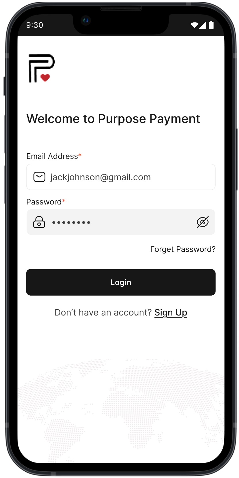 Purpose Payment login screen